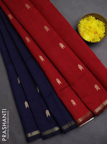 Semi maheswari cotton saree navy blue and maroon with zari woven buttas and small zari woven border