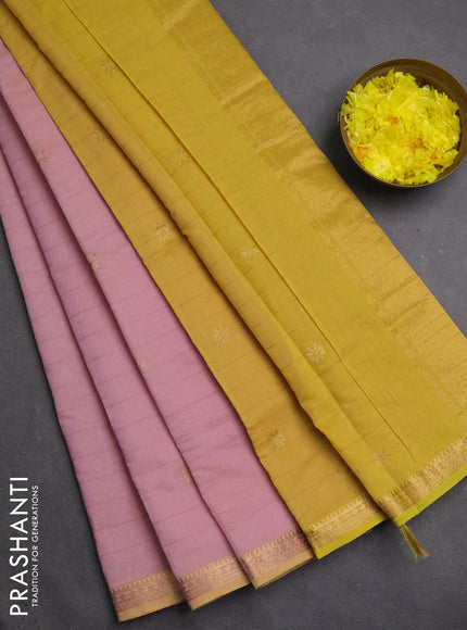 Semi maheswari cotton saree mauve pink and lime yellow with copper zari weaves & buttas and small zari woven border