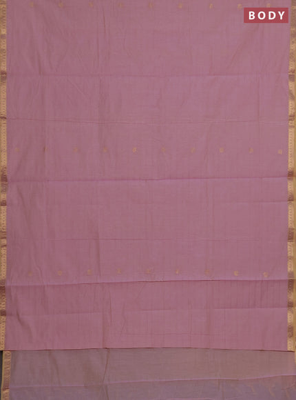 Semi maheswari cotton saree mauve pink and lime yellow with copper zari weaves & buttas and small zari woven border