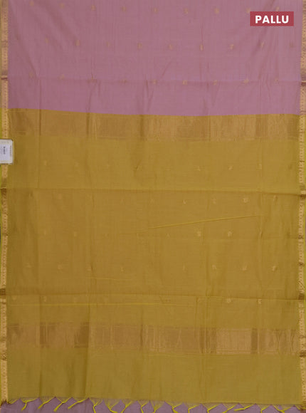 Semi maheswari cotton saree mauve pink and lime yellow with copper zari weaves & buttas and small zari woven border