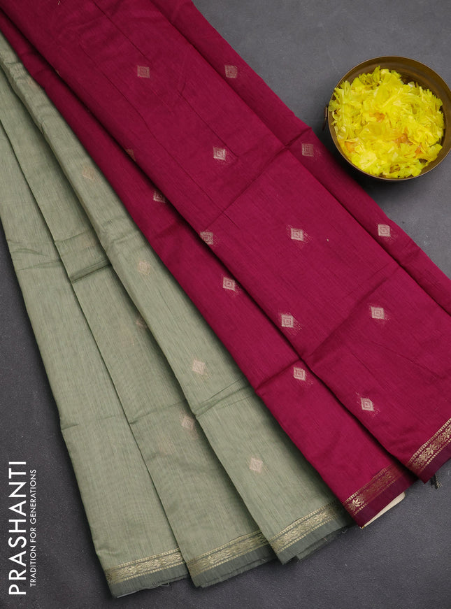 Semi maheswari cotton saree pastel green and magenta pink with zari woven buttas and small zari woven border