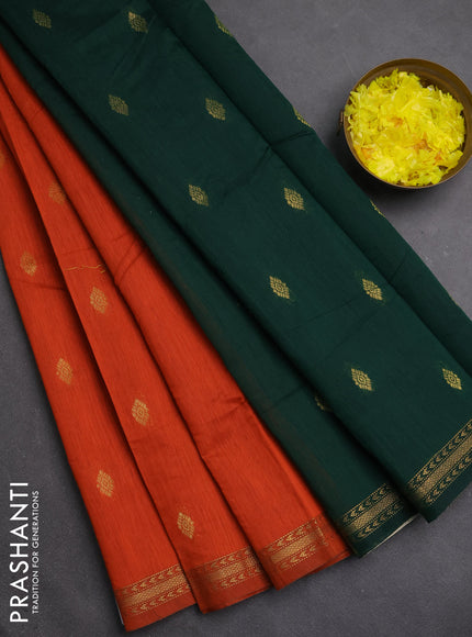 Semi maheswari cotton saree orange and bottle green with zari woven buttas and small zari woven border
