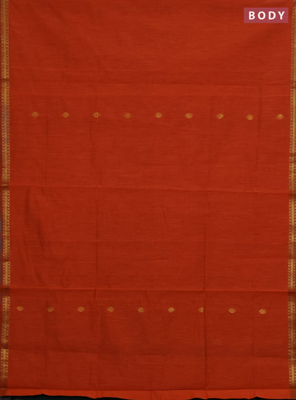 Semi maheswari cotton saree orange and bottle green with zari woven buttas and small zari woven border