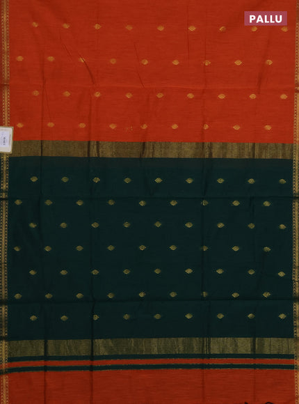Semi maheswari cotton saree orange and bottle green with zari woven buttas and small zari woven border