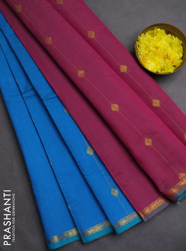Semi maheswari cotton saree cs blue and pink shade with zari woven buttas and small zari woven border
