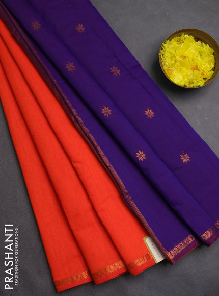 Semi maheswari cotton saree orange and violet with zari woven buttas and small zari woven border