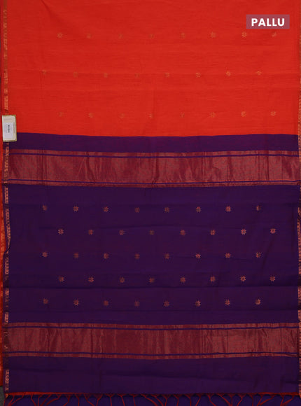 Semi maheswari cotton saree orange and violet with zari woven buttas and small zari woven border