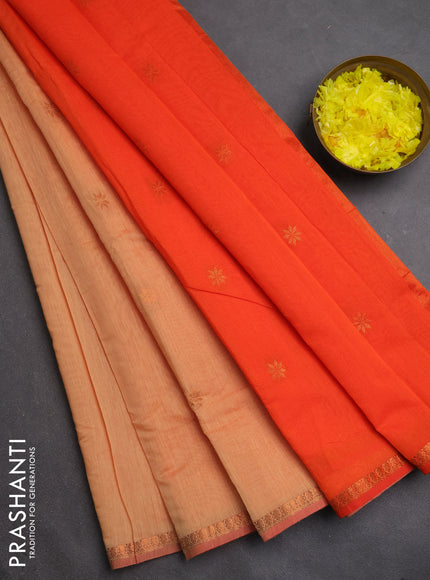 Semi maheswari cotton saree peach shade and orange with zari woven buttas and small zari woven border