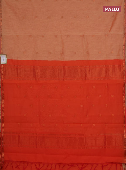 Semi maheswari cotton saree peach shade and orange with zari woven buttas and small zari woven border