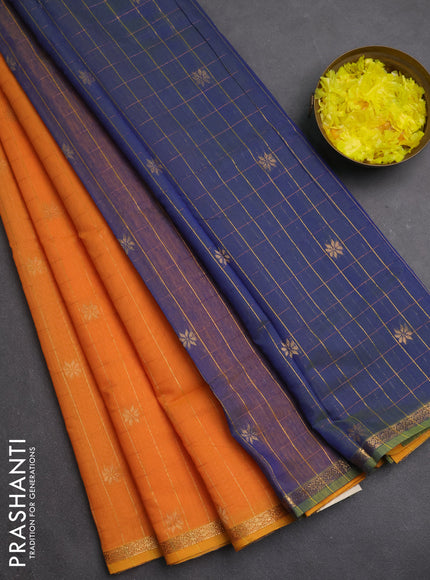 Semi maheswari cotton saree orange shade and dual shade of blue with zari checks & buttas and small zari woven border