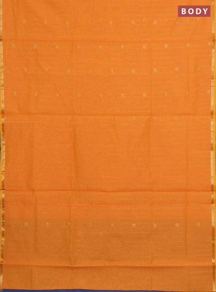 Semi maheswari cotton saree orange shade and dual shade of blue with zari checks & buttas and small zari woven border