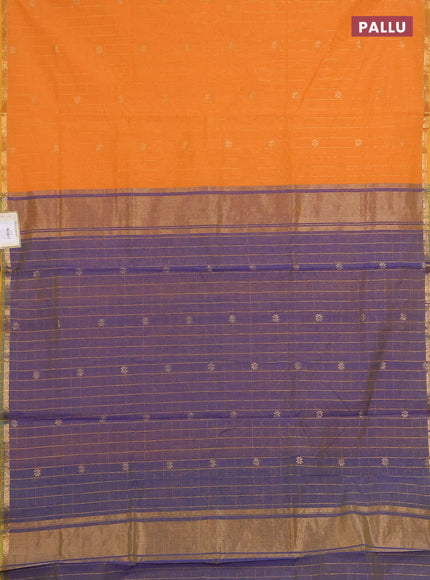 Semi maheswari cotton saree orange shade and dual shade of blue with zari checks & buttas and small zari woven border