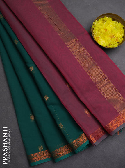 Semi maheswari cotton saree green and pink shade with zari woven buttas and small copper zari woven border