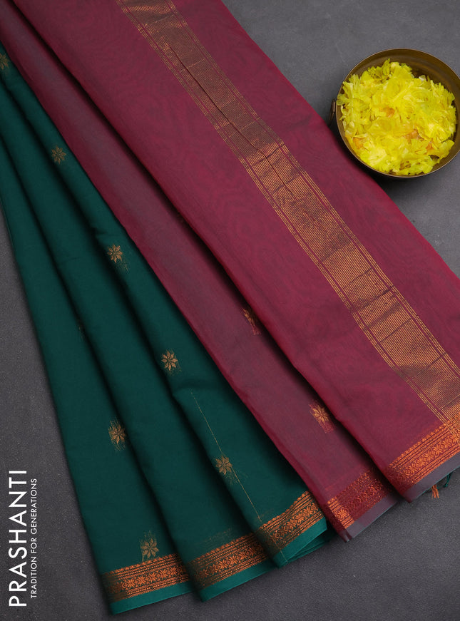 Semi maheswari cotton saree green and pink shade with zari woven buttas and small copper zari woven border