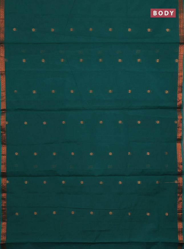 Semi maheswari cotton saree green and pink shade with zari woven buttas and small copper zari woven border
