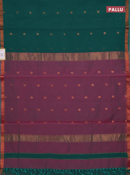 Semi maheswari cotton saree green and pink shade with zari woven buttas and small copper zari woven border
