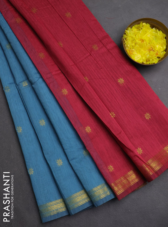 Semi maheswari cotton saree pastel blue and pink shade with zari woven buttas and small zari woven border