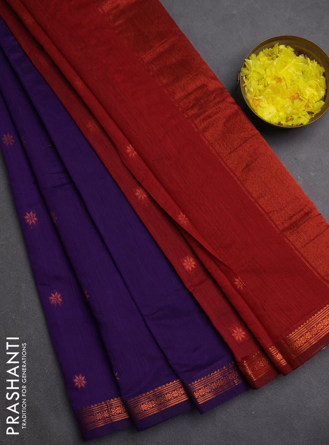 Semi maheswari cotton saree violet and maroon with copper zari woven buttas and small copper zari woven border