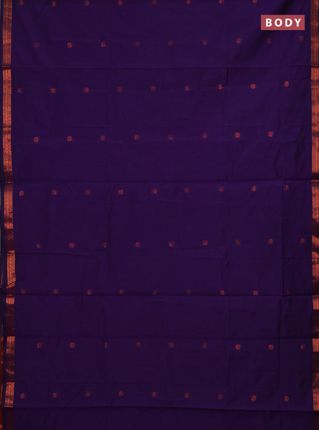 Semi maheswari cotton saree violet and maroon with copper zari woven buttas and small copper zari woven border