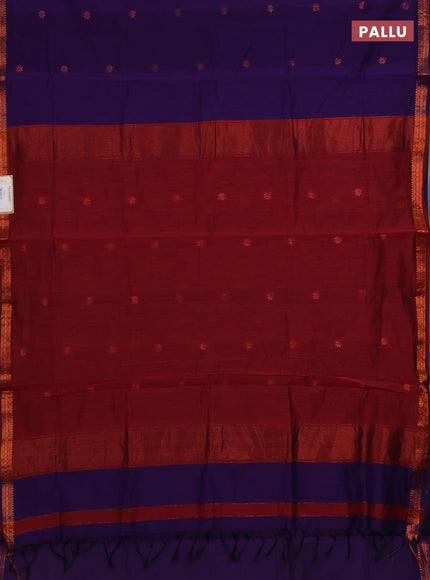Semi maheswari cotton saree violet and maroon with copper zari woven buttas and small copper zari woven border