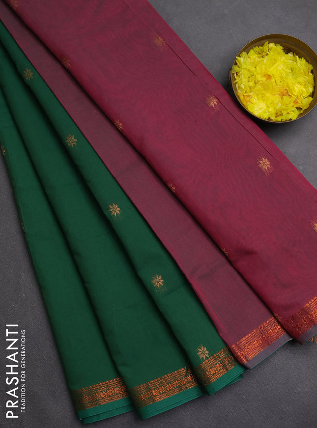 Semi maheswari cotton saree green and dual shade of pink with zari woven buttas and small copper zari woven border