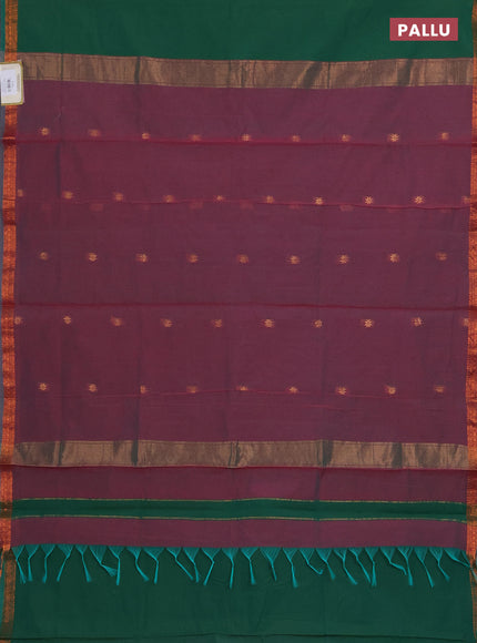 Semi maheswari cotton saree green and dual shade of pink with zari woven buttas and small copper zari woven border