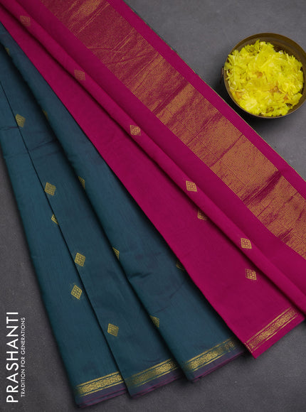 Semi maheswari cotton saree pink and peacock green with zari woven buttas and small zari woven border