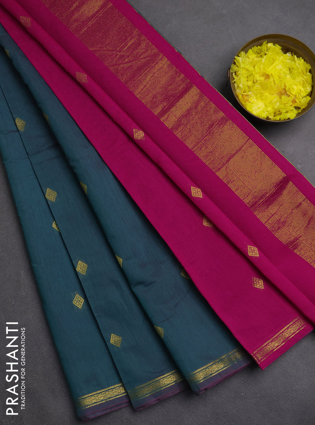 Semi maheswari cotton saree pink and peacock green with zari woven buttas and small zari woven border