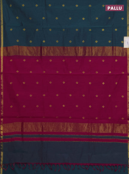 Semi maheswari cotton saree pink and peacock green with zari woven buttas and small zari woven border