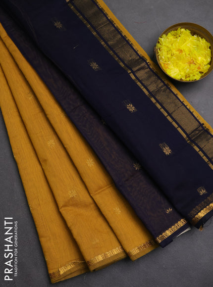 Semi maheswari cotton saree mustard yellow and navy blue with zari woven buttas and small zari woven border