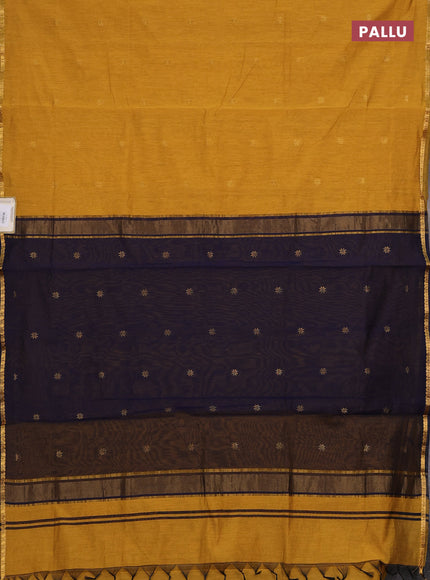 Semi maheswari cotton saree mustard yellow and navy blue with zari woven buttas and small zari woven border