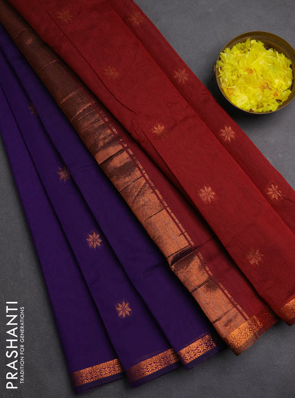 Semi maheswari cotton saree violet and maroon with copper zari woven buttas and small copper zari woven border