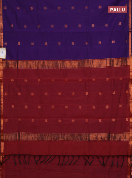 Semi maheswari cotton saree violet and maroon with copper zari woven buttas and small copper zari woven border