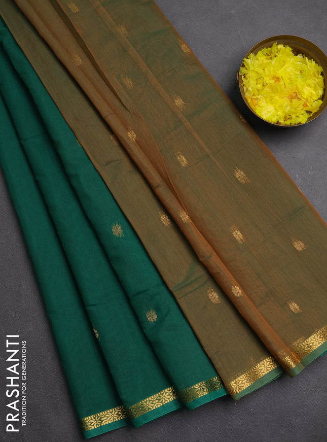 Semi maheswari cotton saree green and mustard yellow with zari woven buttas and small zari woven border