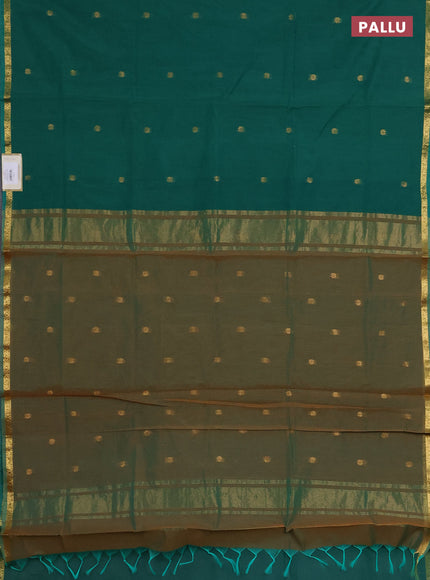 Semi maheswari cotton saree green and mustard yellow with zari woven buttas and small zari woven border