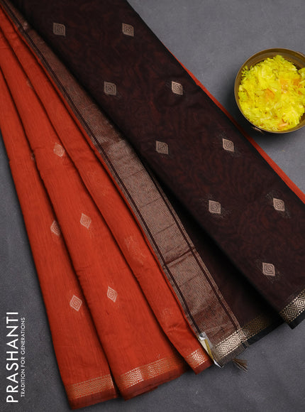 Semi maheswari cotton saree rustic orange and black with zari woven buttas and small zari woven border