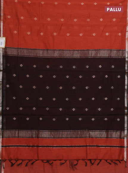 Semi maheswari cotton saree rustic orange and black with zari woven buttas and small zari woven border