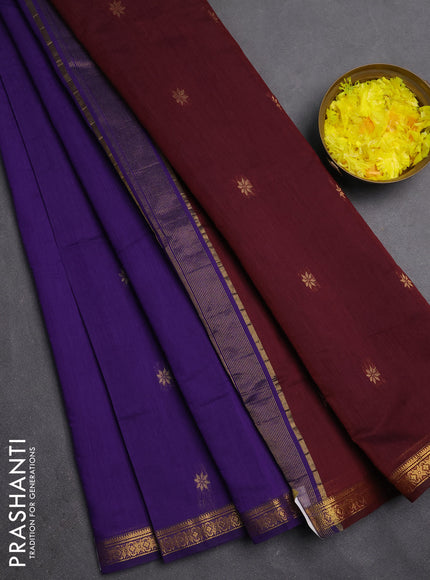 Semi maheswari cotton saree violet and maroon with zari woven buttas and small zari woven border