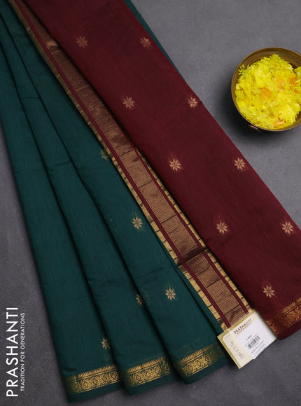 Semi maheswari cotton saree bottle green and maroon with zari woven buttas and small zari woven border