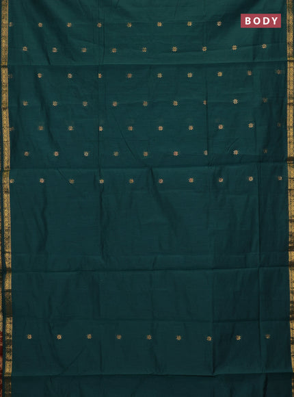 Semi maheswari cotton saree bottle green and maroon with zari woven buttas and small zari woven border