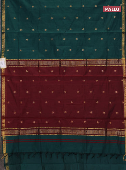 Semi maheswari cotton saree bottle green and maroon with zari woven buttas and small zari woven border