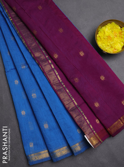 Semi maheswari cotton saree blue and magenta pink with zari woven buttas and small zari woven border