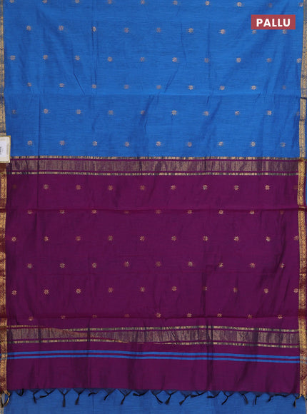 Semi maheswari cotton saree blue and magenta pink with zari woven buttas and small zari woven border