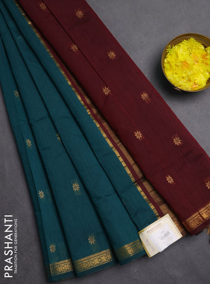 Semi maheswari cotton saree peacock green and maroon with zari woven buttas and small zari woven border