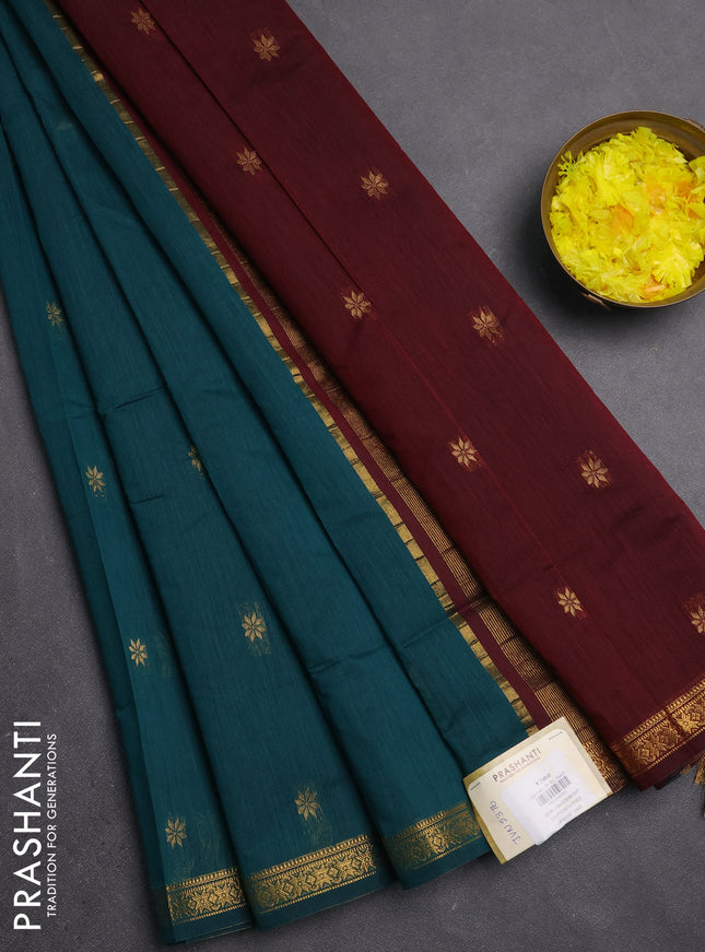 Semi maheswari cotton saree peacock green and maroon with zari woven buttas and small zari woven border