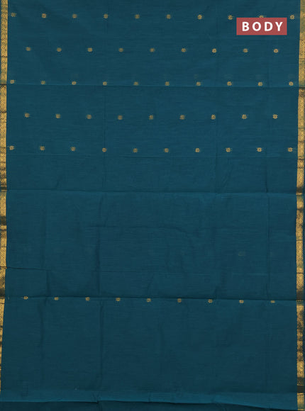 Semi maheswari cotton saree peacock green and maroon with zari woven buttas and small zari woven border