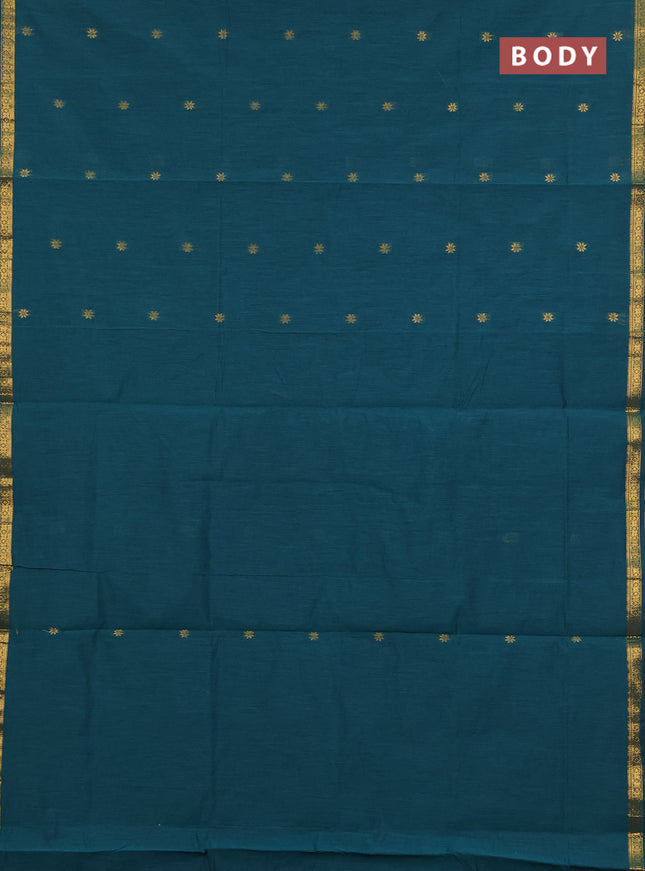 Semi maheswari cotton saree peacock green and maroon with zari woven buttas and small zari woven border