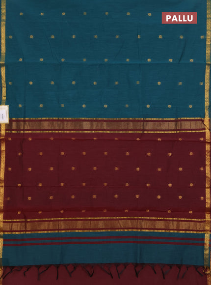 Semi maheswari cotton saree peacock green and maroon with zari woven buttas and small zari woven border