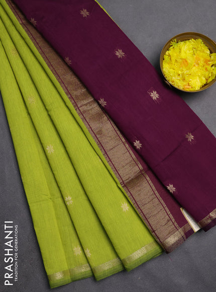 Semi maheswari cotton saree lime green and magenta pink with zari woven buttas and small zari woven border