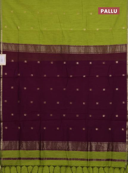 Semi maheswari cotton saree lime green and magenta pink with zari woven buttas and small zari woven border
